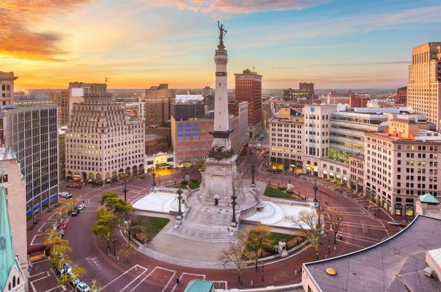 Monument Circle, home to the Soldiers and Sailors Monument, sits at the heart of downtown Indy.