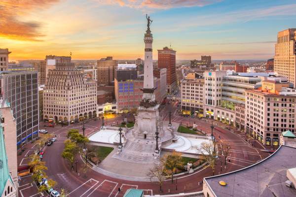 Monument Circle, home to the Soldiers and Sailors Monument, sits at the heart of downtown Indy.