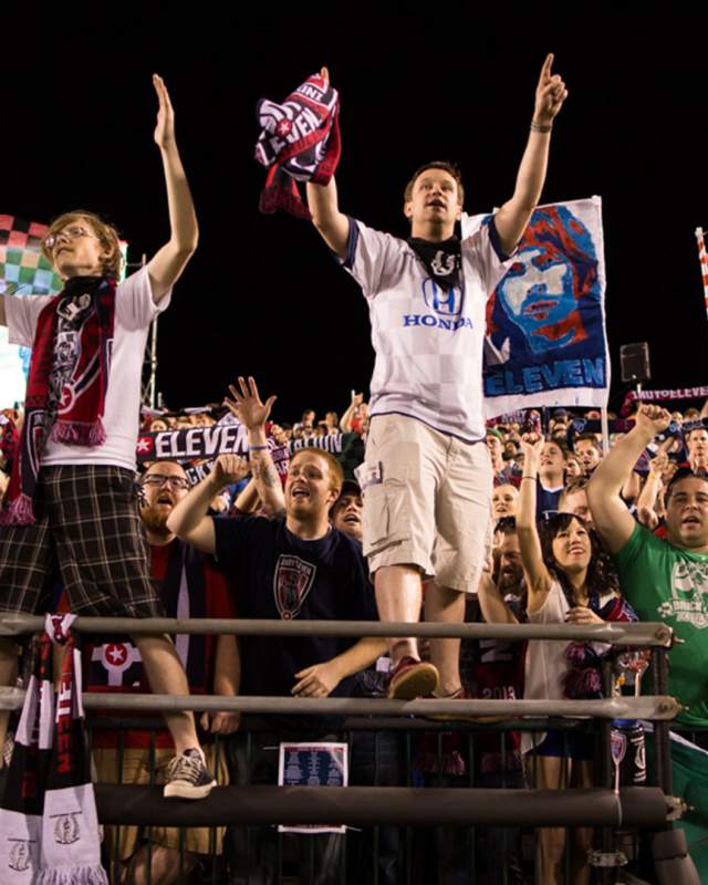 The Brickyard Battalion cheer on the Indy Eleven at Carroll Stadium