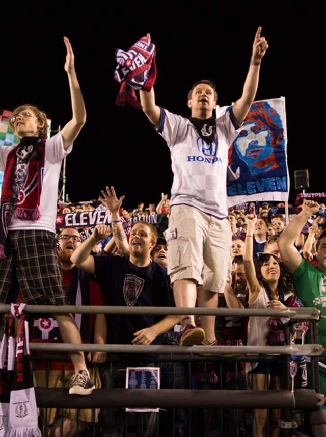 The Brickyard Battalion cheer on the Indy Eleven at Carroll Stadium